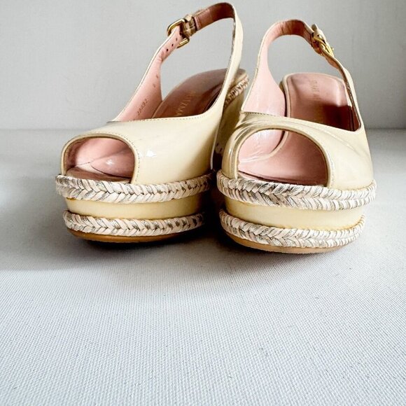 Stuart Weitzman Nide Ivory Beige Patent leather Wedge Peep Toe Heels 6 - Picture 9 of 11